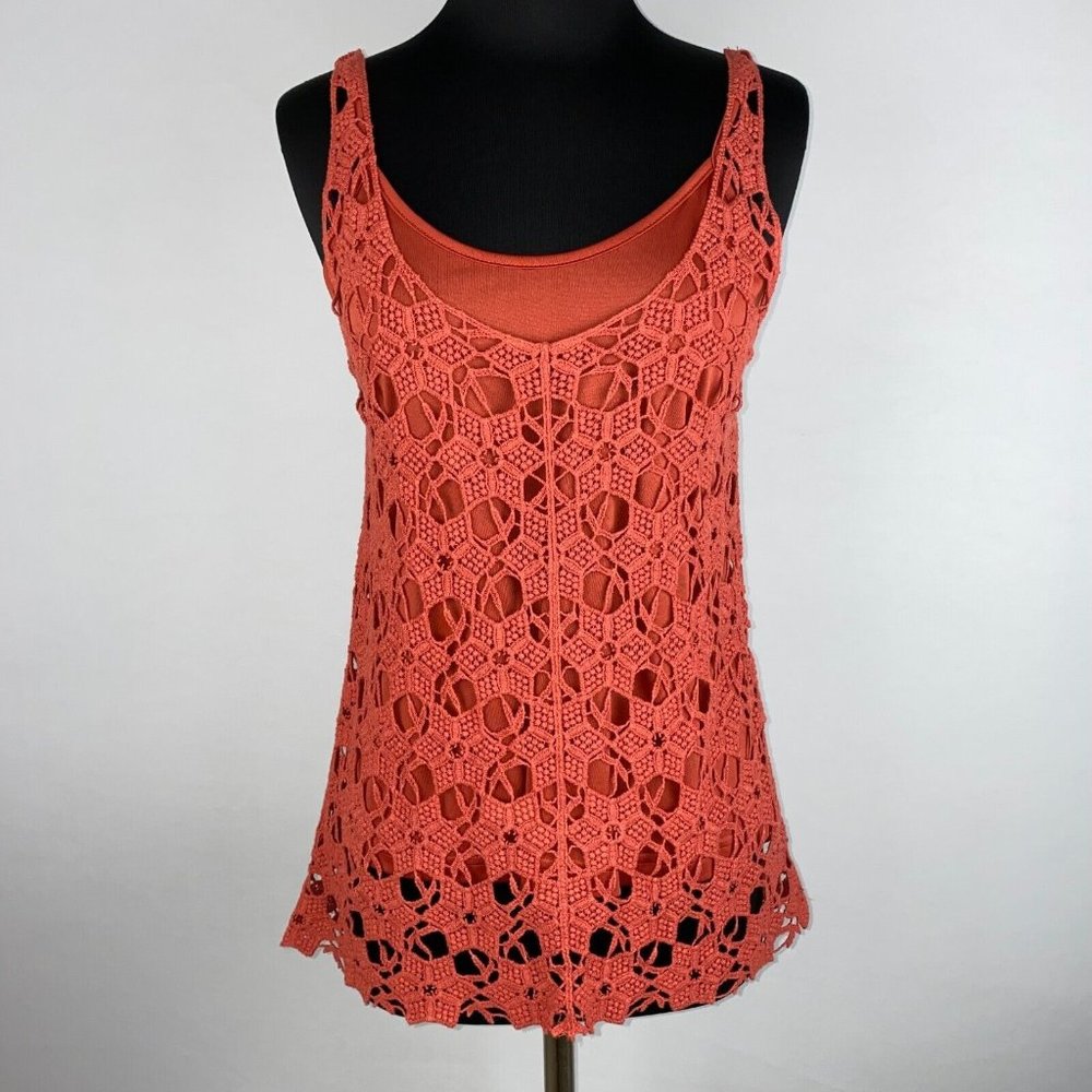 Ultra Pink S Orange Floral Crochet Tunic Tank Top Lined Boho Festival Summer